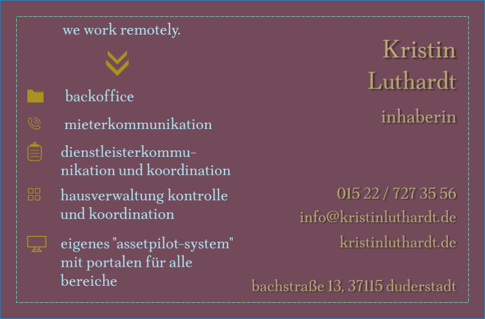 Visitenkarte mit Kontaktinformationen von Kristin Luthardt Invest Support