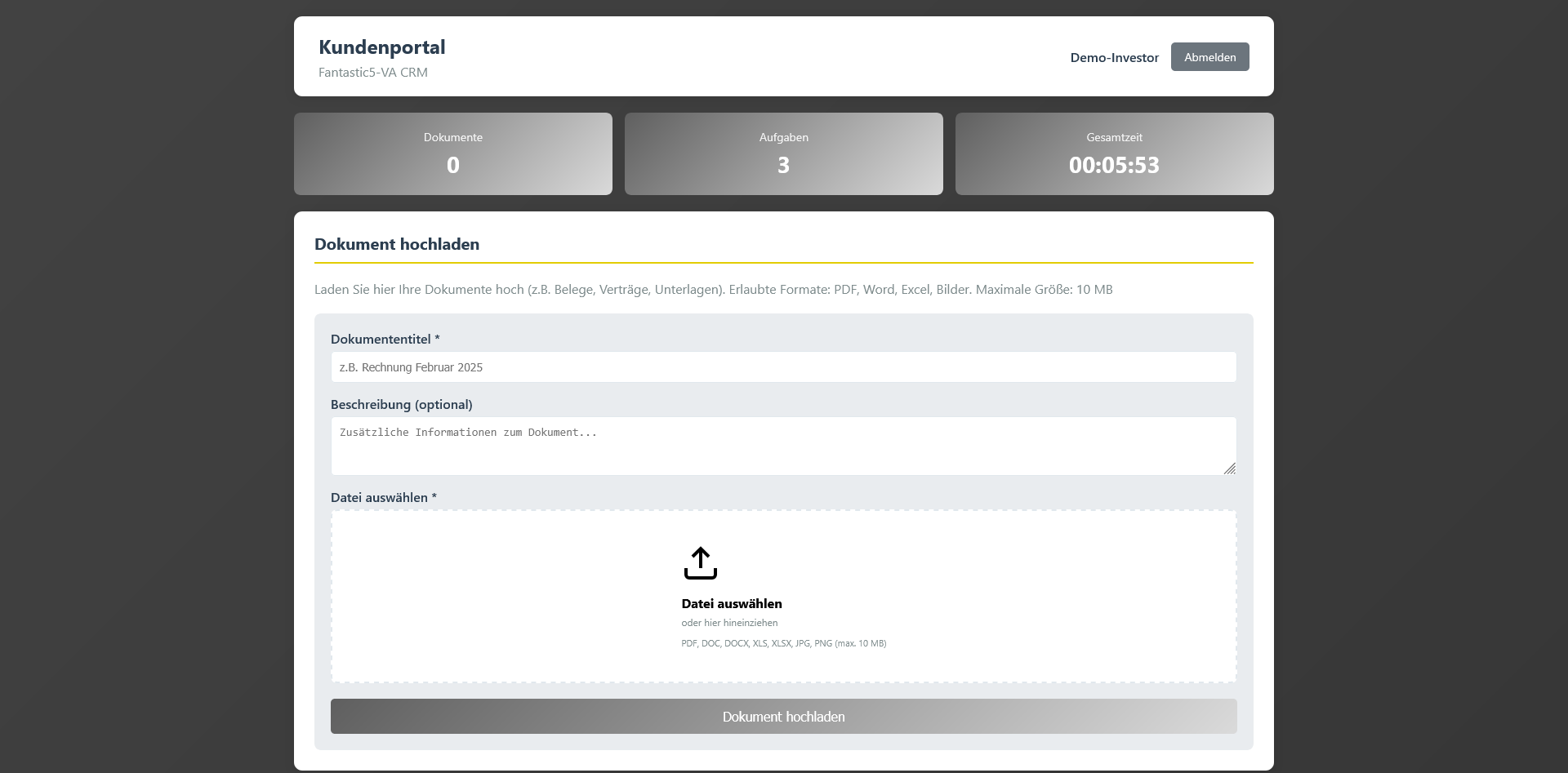 Portal Vorschau: Dashboard mit Kennzahlen und Modulen